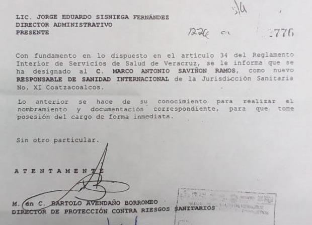 Personal de SESVER confirmó que en la Oficina de Sanidad Internacional ha sido designado como Jefe, Marco Antonio Saviñón Ramos, sobrino del titular de los Servicios de Salud de Veracruz, Roberto Ramos Alor,